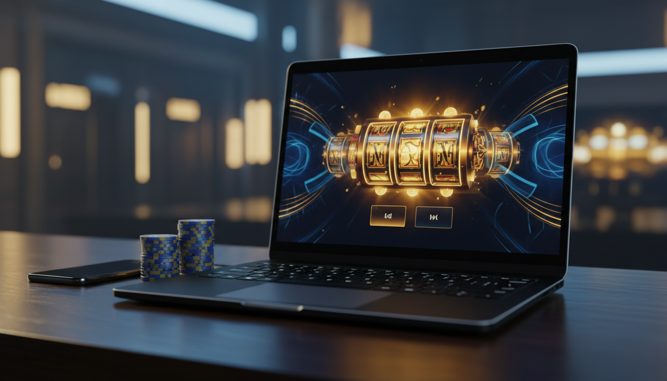 Modern online casino lobby interface on a laptop with glowing slot reels
