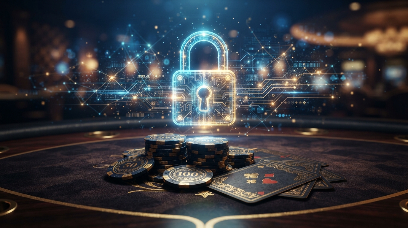 Secure digital padlock over casino chips and cards representing safe online gaming